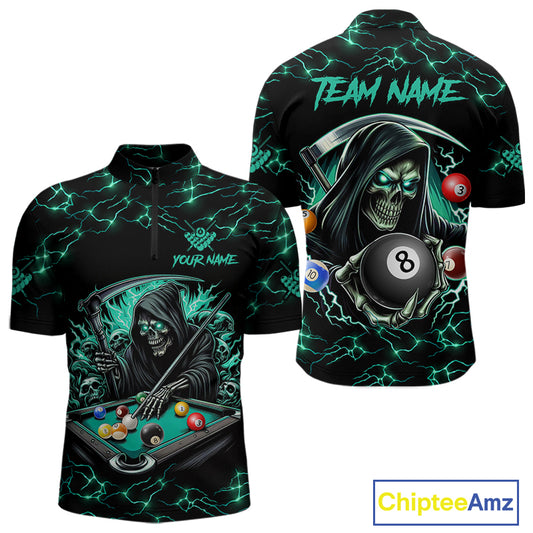 Turquoise Funny Grim Reaper 8 Ball Pool Men Billiard Shirt Custom Lightning Billiard Team Jerseys TDM5239