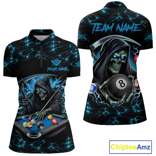Blue Funny Grim Reaper 8 Ball Pool Women Billiard Shirts Custom Billiard Jersey Team Polo & 1/4 Zip TDM5240