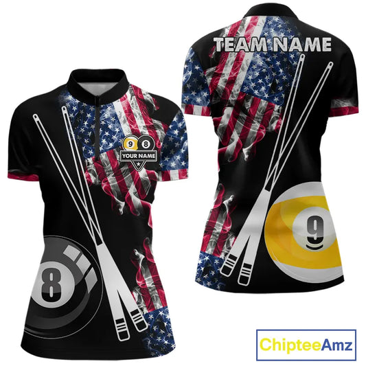 American Flag Smoke 8 Ball & 9 Ball Pool Billiard Shirt For Women Custom Patriotic Billiard Jersey TDM5517
