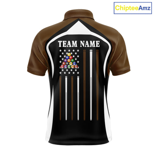 Brown Funny 8 Ball Pool US Flag Billiard Shirt For Men Custom Billiard Team Jersey Polo & 1/4 Zip TDM6366