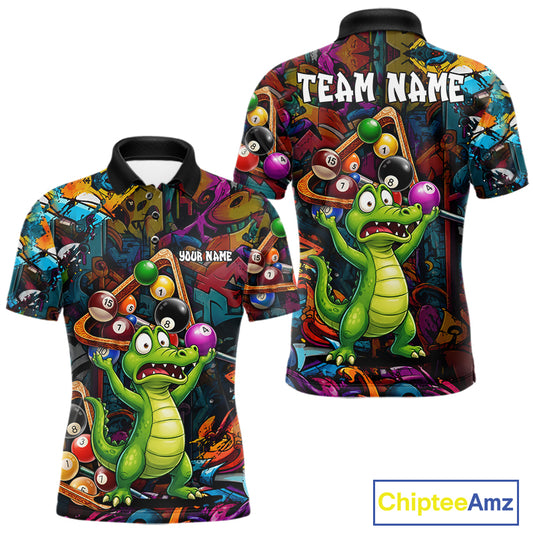 Colorful Billiard Jersey Custom Funny Dinosaur Graffiti Billiard Polo & Quarter Zip Shirts For Men TDM6566