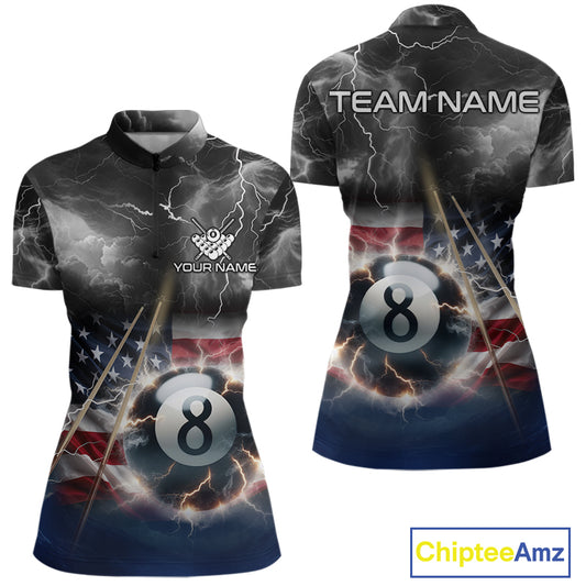Black Blue American Flag Thunder Lightning 8 Ball Billiard Shirt For Women Custom Pool Team Jersey TDM5268