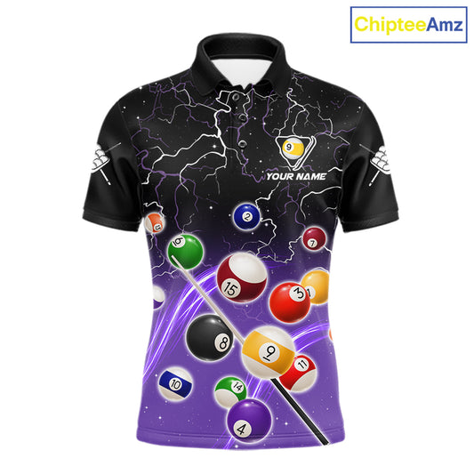 Purple grim reaper lightning 9 ball billiard polo shirt for men with custom pool team graphics.