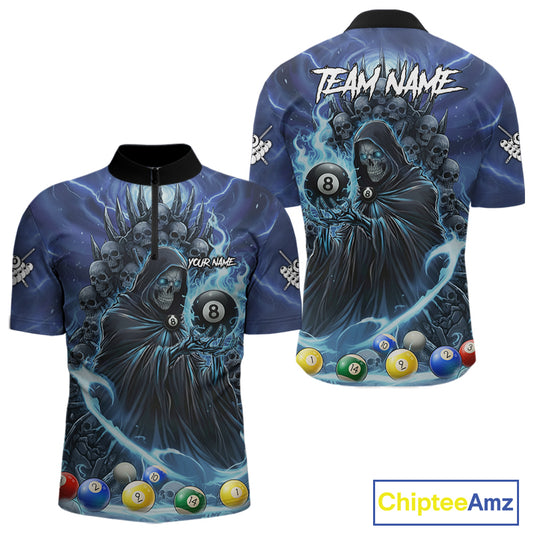Blue Grim Reaper Lightning Billiard Shirt For Men Custom 8 Ball Pool Jersey Team Polo & 1/4 Zip TDM5292
