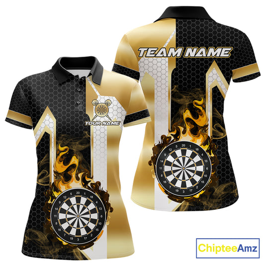 Black and gold dartboard flame darts team polo shirt for women with custom tournament graphics.