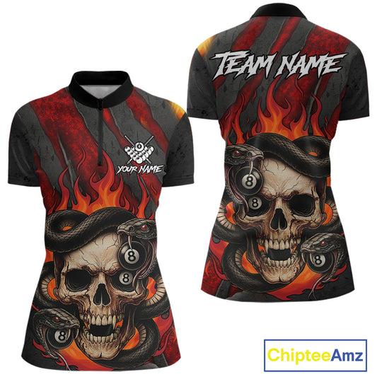 Personalized Skull And Snakes Flame Billiard Shirt For Women Custom 8 Ball Pool Team Jersey |Red TDM5084