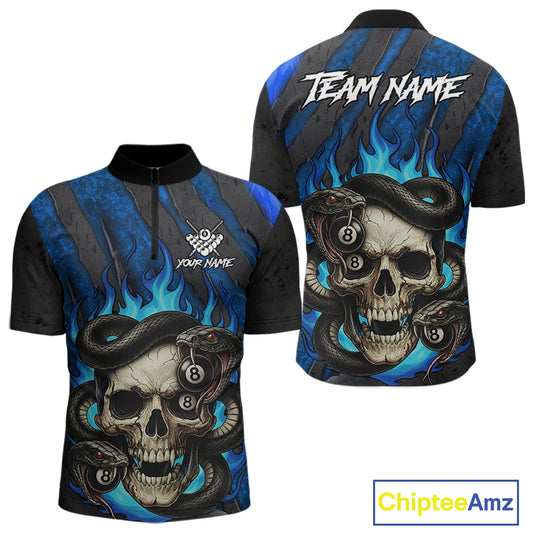 Personalized Skull And Snakes Flame Billiard Shirt For Men Custom 8 Ball Pool Team Jersey |Blue TDM5085