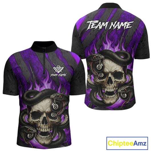 Personalized Skull And Snakes Flame Billiard Shirt For Men Custom 8 Ball Pool Team Jersey |Purple TDM5086