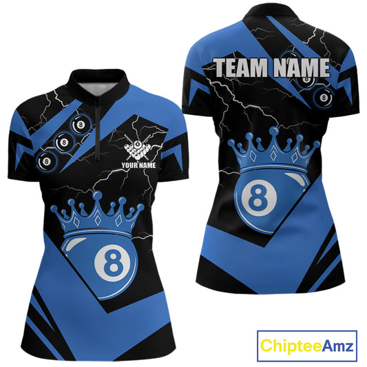 Black And Blue 8 Ball Crown Lightning Women's Billiard Shirt Custom Pool Team Jersey Polo & 1/4 Zip TDM5311