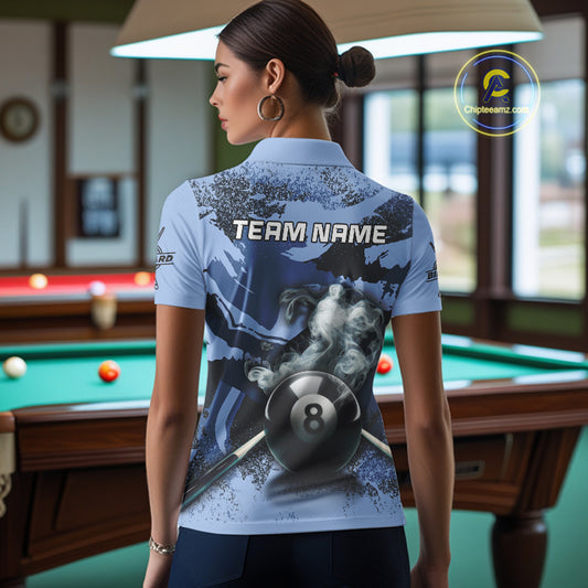8 Ball Pool Smoke Custom Blue Camo Women Quarter-Zip Shirts, Billiard Snooker Outfits TDM1014