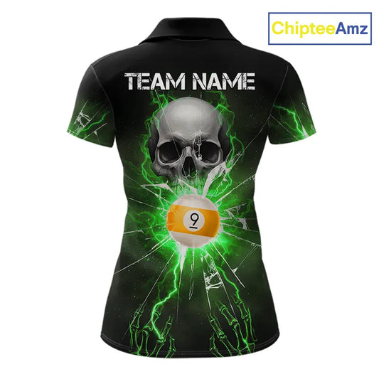 Green 8 & 9 Ball Skull Billiard Shirt For Women Custom Glass Break Pool Team Jersey Polo & 1/4 Zip TDM5972