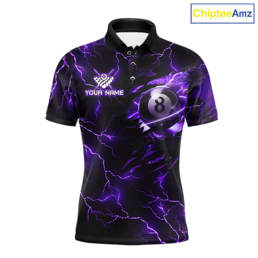 Custom purple thunder lightning pool jersey for men with bold 8 ball billiard graphics.