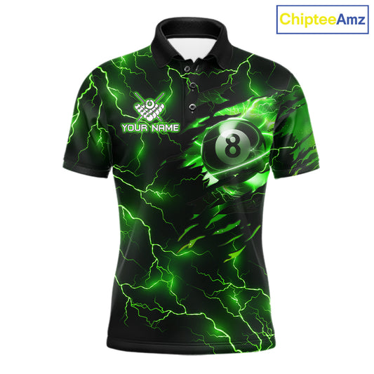 Custom green thunder lightning pool jersey for men designed for tournaments and league matches.