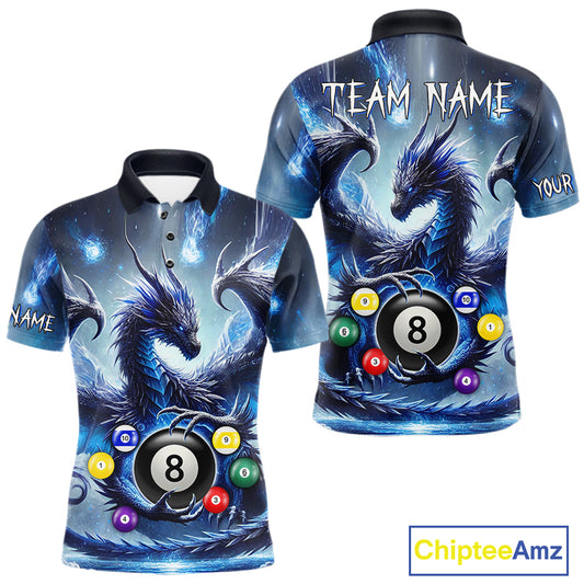Custom blue dragon pool jersey for men featuring detailed 8 ball billiard artwork.