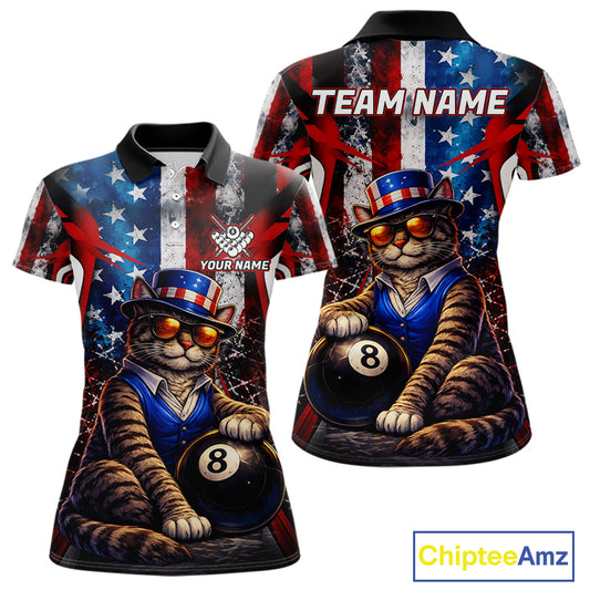 Funny Cat 8 Ball Billiard Shirt For Women Custom Vintage US Flag Pool Team Jersey Polo & 1/4 Zip TDM5983