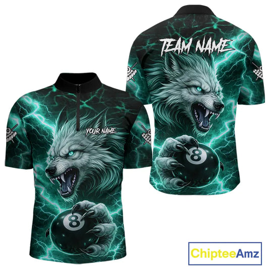 Turquoise 8 Ball Pool Wolf Lightning Billiard Shirt For Men Custom Billiard Jersey Polo & 1/4 Zip TDM5615