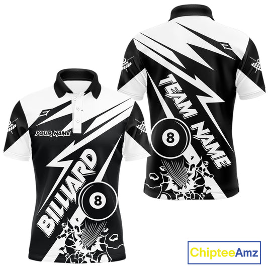 Men’s funny black and white 8 ball pool polo shirt with playful billiard team graphics.