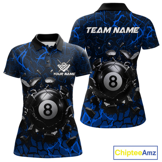Blue crack 8 ball billiard polo shirt for women with bold league graphics and custom team style.