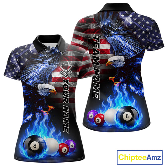 Blue flame pool shirt for women with eagle and flag design built for custom team uniforms.