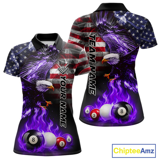 Purple flame eagle pool shirt for women with American flag design and custom team style.