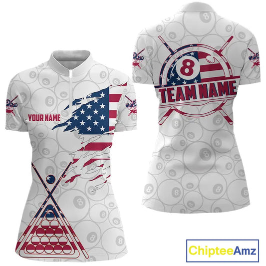 American Flag 8 Ball Billiard Jersey For Women Custom Patriotic Billiard Shirt Team Polo & 1/4 Zip TDM5383