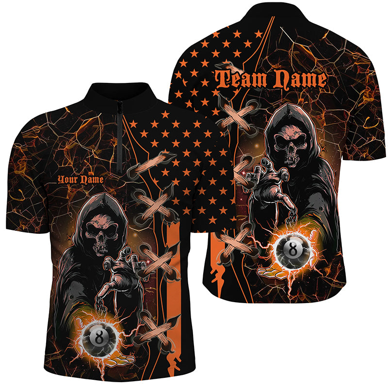 Orange Grim Reaper Lightning US Flag Billiard Shirts For Men, Halloween Billiard Jerseys TDM2676