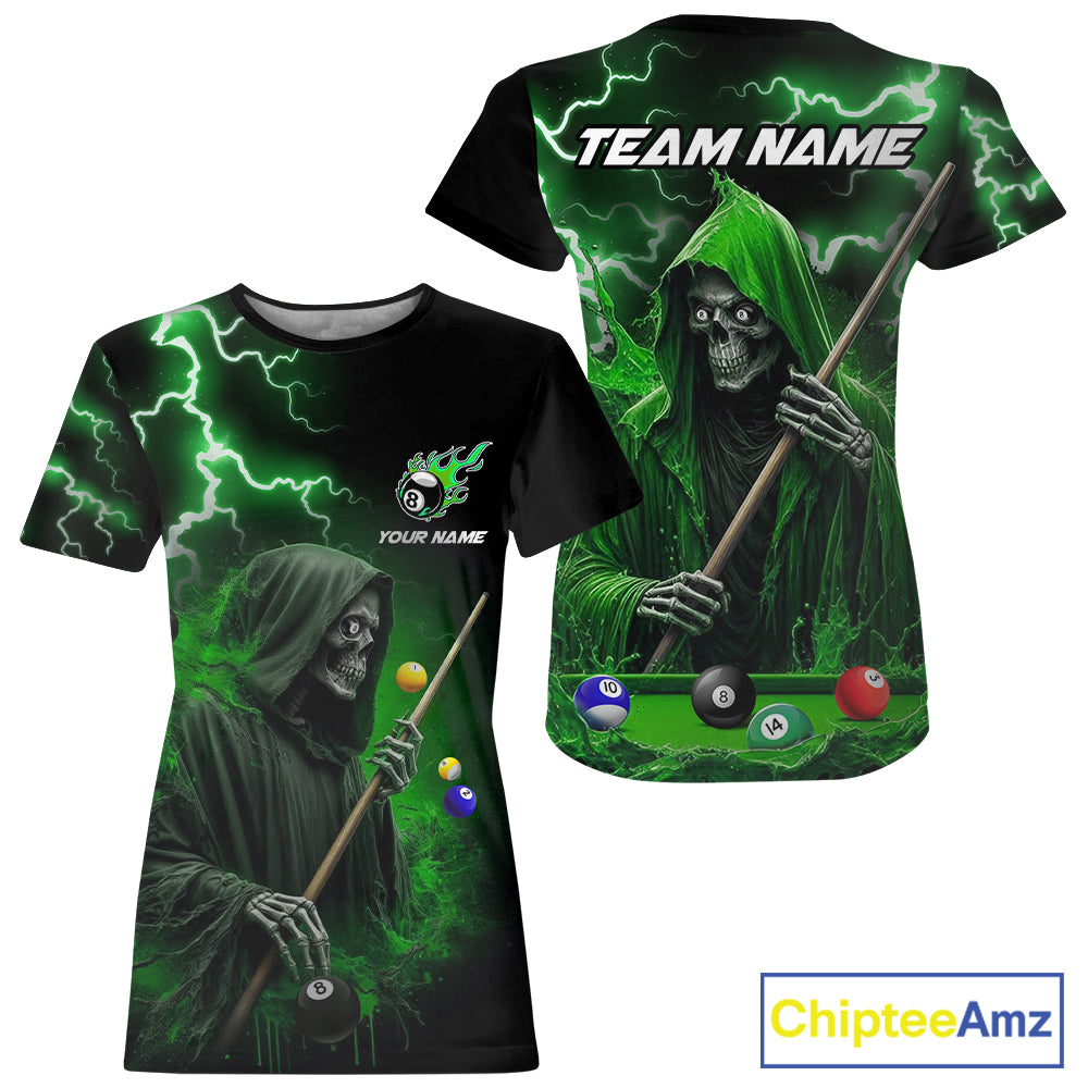 Green Grim Reaper Billiard T-Shirt For Women Custom Thunder Lightning 8 Ball Pool Team Jersey TDM2920