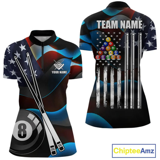 Glowing American Flag 8 Ball Pool Billiard Shirt For Women Custom Patriotic Billiard Team Jersey TDM5658