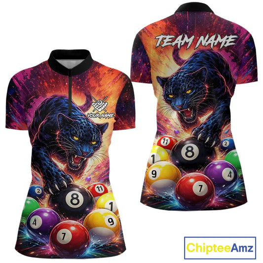 Colorful Billiard Balls Panther 8 Ball Pool Shirt For Women Custom Billiard Jersey Polo & 1/4 Zip TDM5669