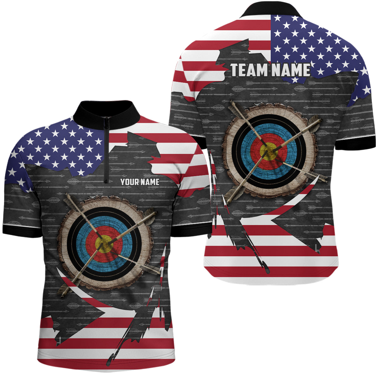 Retro Archery 3d Target Custom US Flag Men Quarter-Zip Shirts, Patriotic Archery Jerseys TDM0708