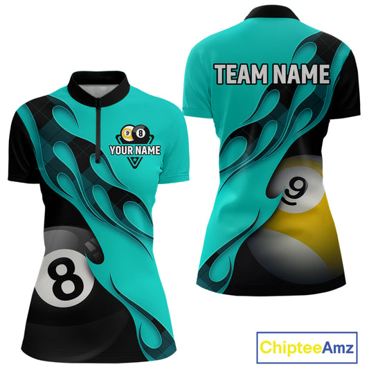 Black And Turquoise Billiard 8 Ball & 9 Ball Pool Shirt For Women Custom Billiard Team Jersey TDM5164