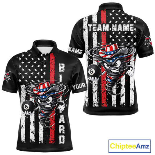 Funny Tornado US Flag 8 Ball Billiard Shirt For Men Custom Pool Team Jersey Polo & Quarter Zip TDM6049