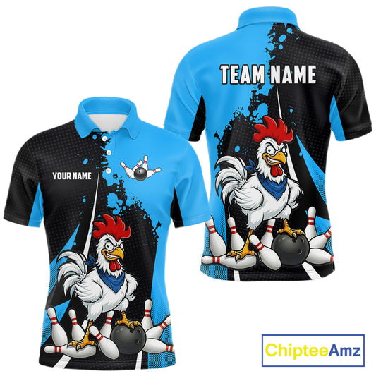 Custom Black And Blue Funny Chicken Bowling Shirts For Men, Bowling Team Jersey Polo & 1/4 Zip TDM6301