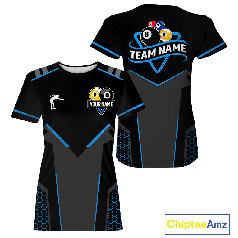 Personalized 8 Ball & 9 Ball Pool Billiard T-Shirt For Women Custom Billiard Team Jerseys | Blue TDM3547