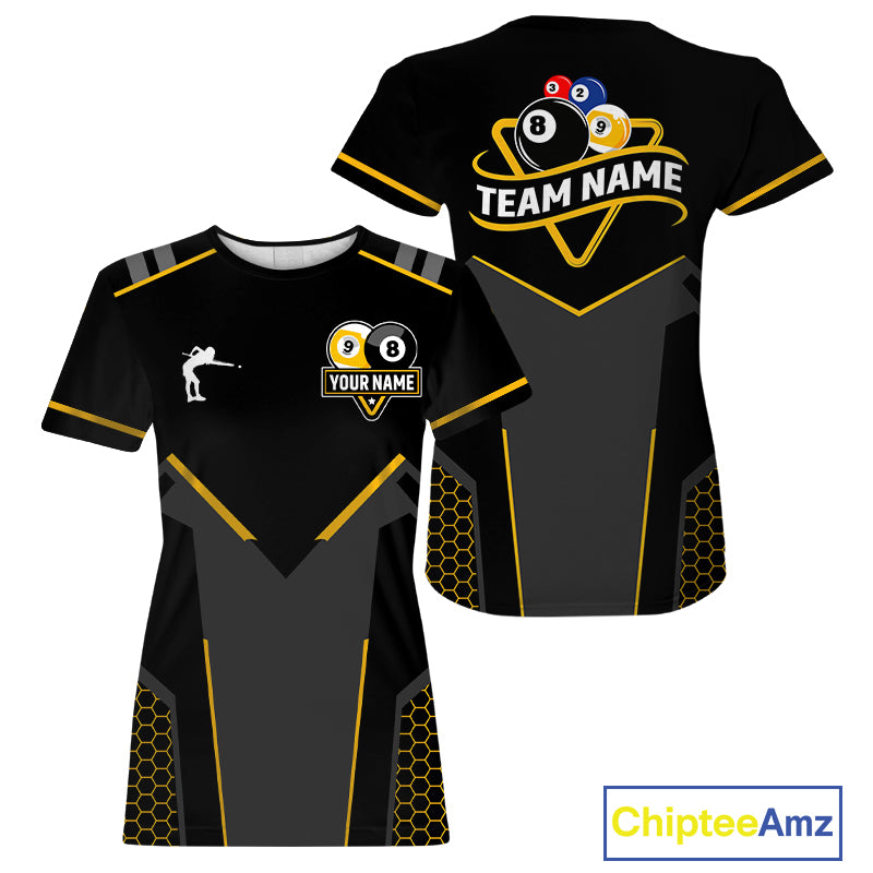Personalized 8 Ball & 9 Ball Pool Billiard T-Shirt For Women Custom Billiard Team Jerseys | Yellow TDM3547