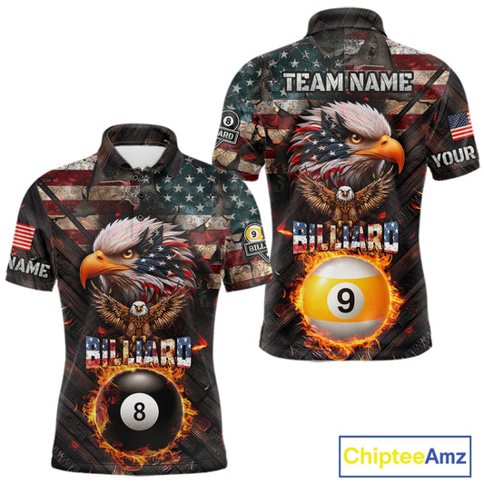 American Flag 8 Ball & 9 Ball Fire Custom Eagle Billiard Shirt For Men, Patriotic Pool Team Jersey TDM5932