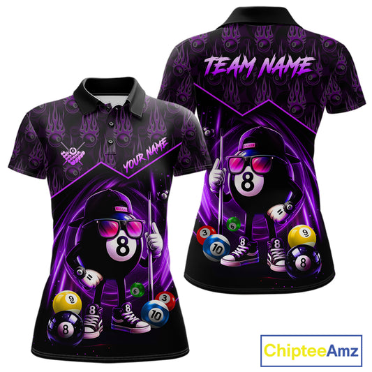 Purple Funny 8 Ball Pool Billiard Shirt For Women Custom Flame Billiard Team Jersey Polo & 1/4 Zip TDM6348