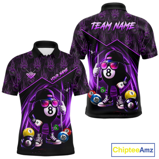 Purple Funny 8 Ball Pool Billiard Shirt For Men Custom Flame Billiard Team Jersey Polo & 1/4 Zip TDM6348