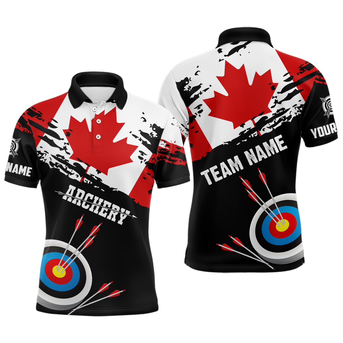 Personalized Grunge Canada Flag Archery Men Polo Shirts, Custom Patriotic Canadian Archery Shirts TDM0936