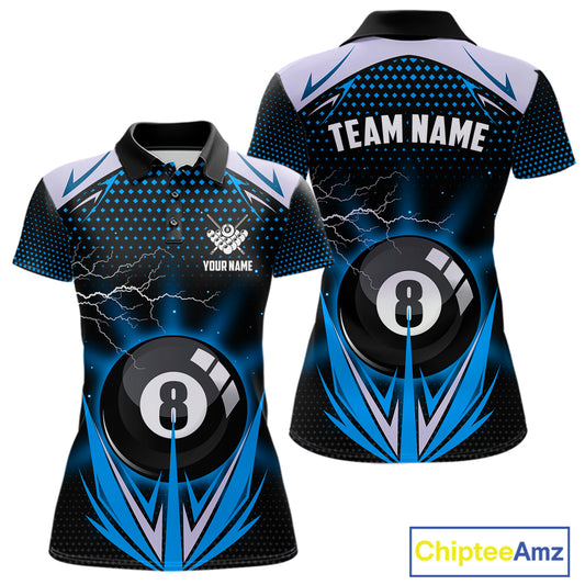 Blue 8 Ball Pool Billiard Jersey For Women Custom Lightning Billiard Team Shirt Polo & Quarter Zip TDM6135