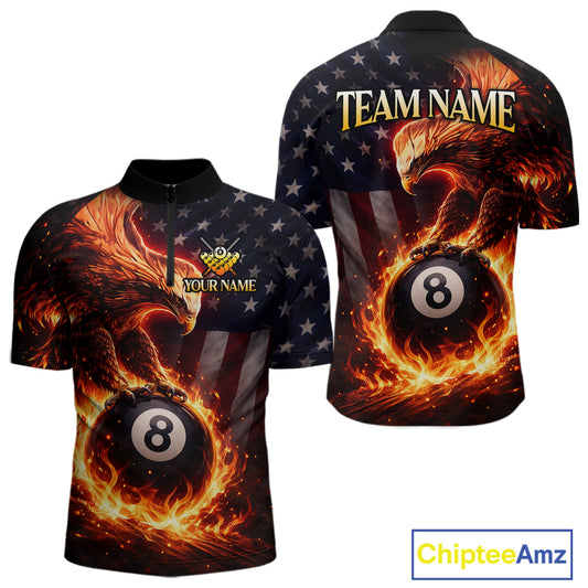 American Flag Flame 8 Ball Eagle Billiard Shirt For Men Custom Pool Team Shirt, Billiard Jersey TDM5787