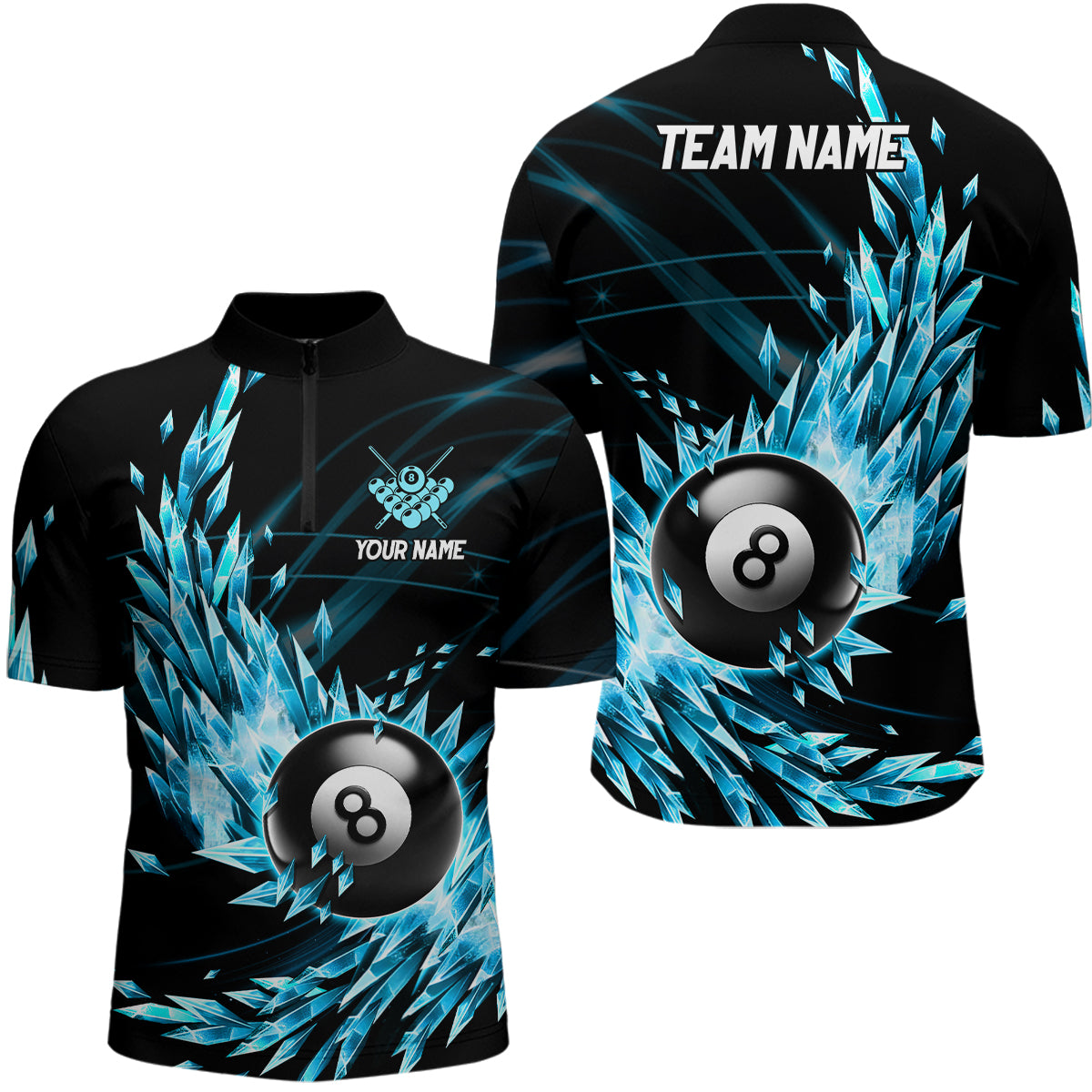 3D Blue Frozen Ice Men Billiard Quarter-Zip Shirts Custom 8 Ball Billiard Attire Jerseys TDM1119