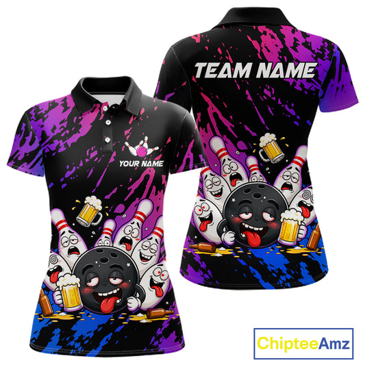 Custom Blue Purple Drunk Bowling Balls And Pins Funny Bowling Shirts For Women, Beer Bowling Jersey TDM6596