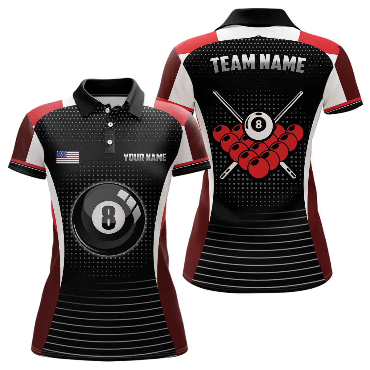 Custom Black Red Billiard Jerseys Shirts For Women Personalized Name 8 Ball Pool Polo Shirts TDM0423