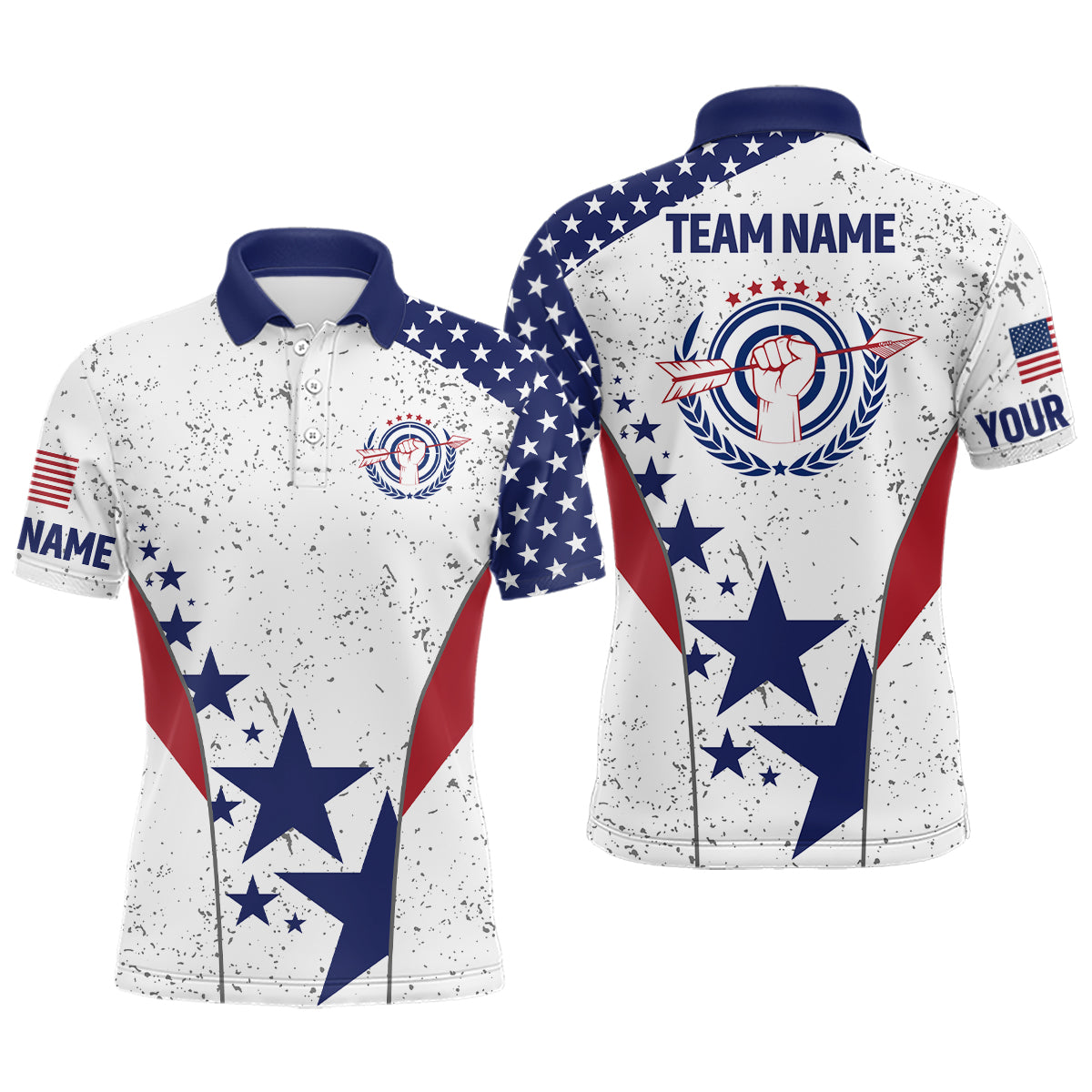 Personalized Grunge US Flag Archery Polo Shirts For Men Custom Patriotic Archery Jerseys TDM0644