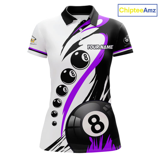 Personalized purple 8 ball and 9 ball custom billiard polo shirt for women, billiard team jersey.
