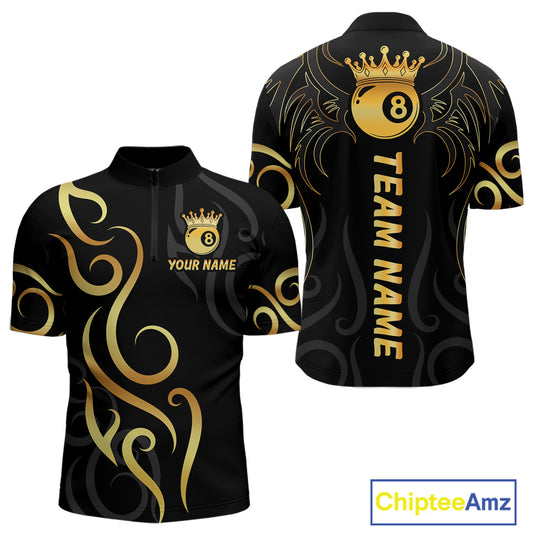 Black And Gold 8 Ball Crown Tribal Billiard Shirt For Men Custom Pool Jersey Billiard Team Shirt TDM4724