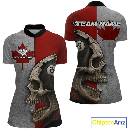Personalized Grunge Canada Flag Skull Billiard Shirt For Women, 8 Ball Patriotic Pool Team Jerseys TDM4157