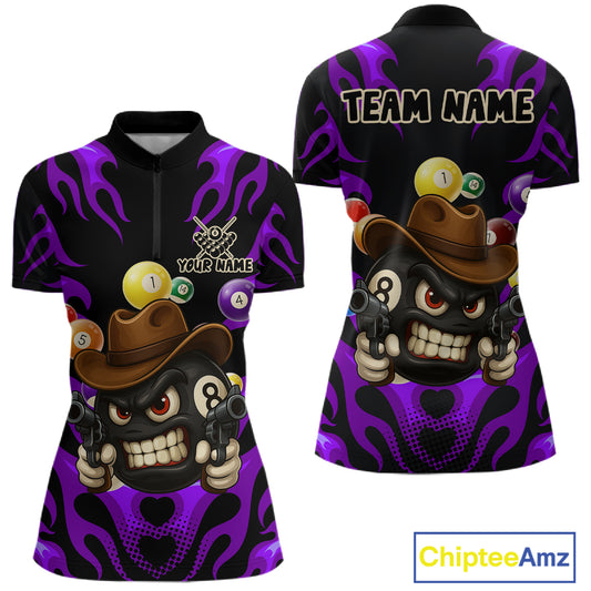 Personalized Purple Funny Flame 8 Ball Billiard Shirt For Women, Pool Team Jersey Polo & 1/4 Zip TDM4784