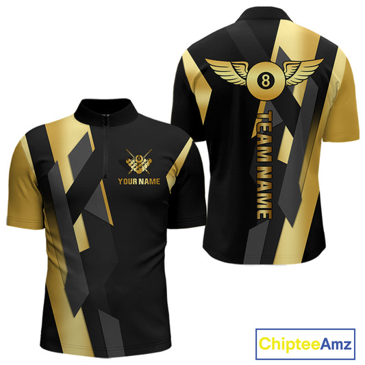 Black And Golden 8 Ball Wings Billiard Shirt For Men Custom Pool Team Jersey Polo & Quarter Zip TDM4203